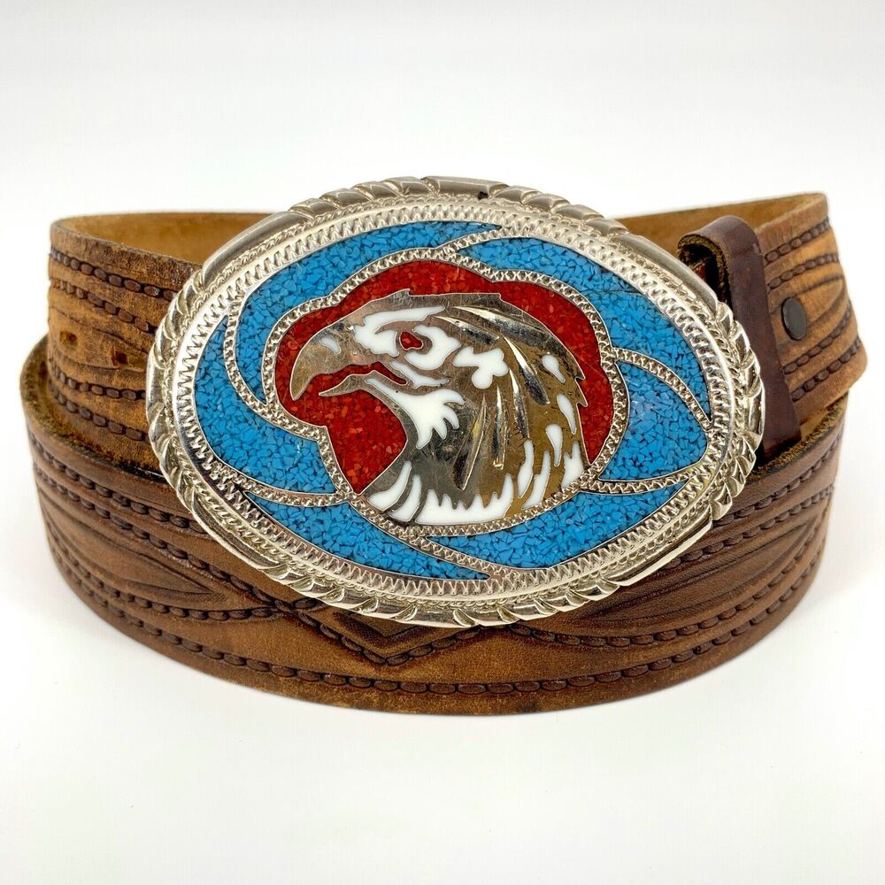 Handcrafted genuine leather southwestern tooled belt w/inlaid stone Eagle Buckle